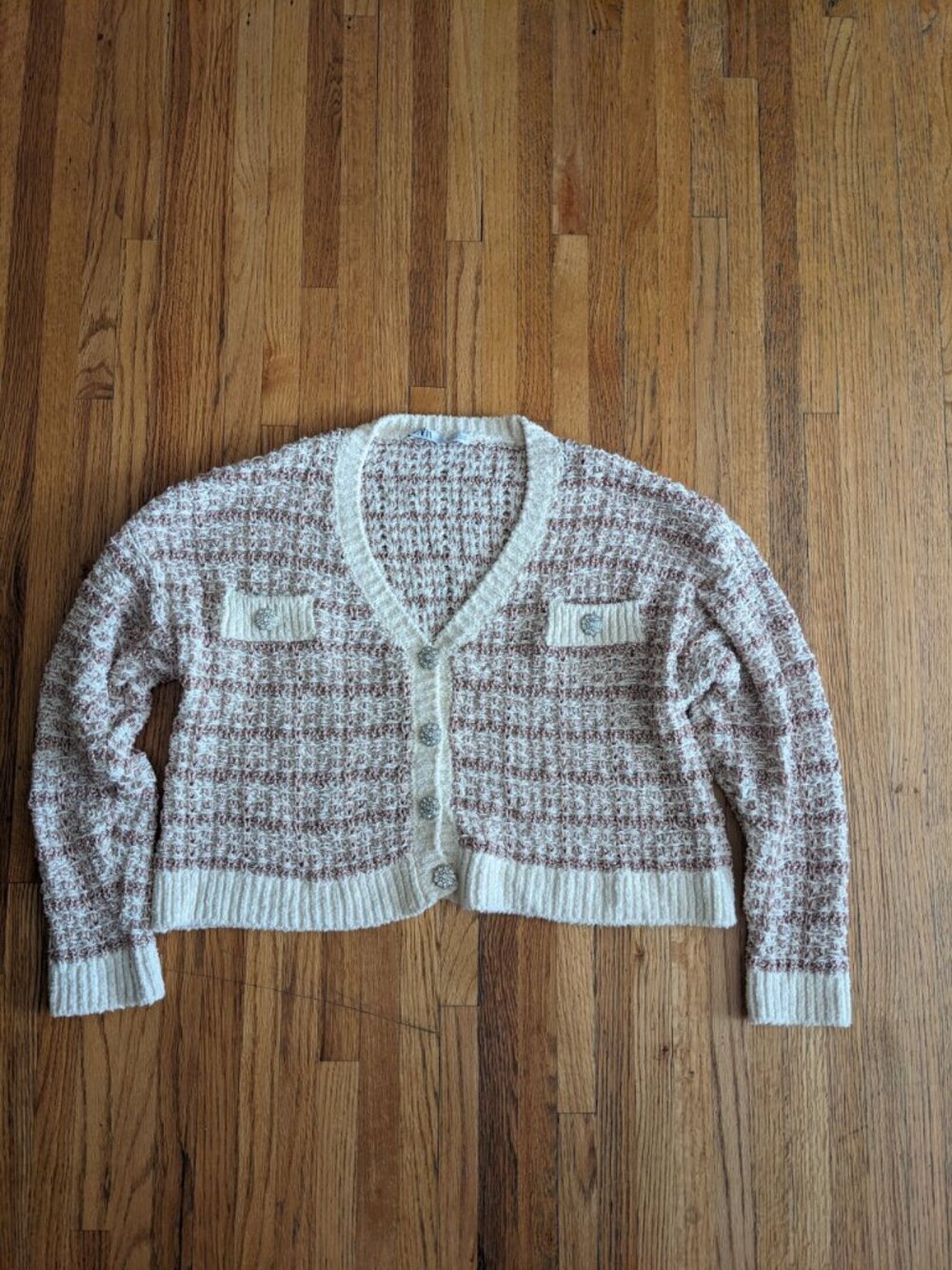 Zara pink and cream metallic tweed cardigan with jewel buttons